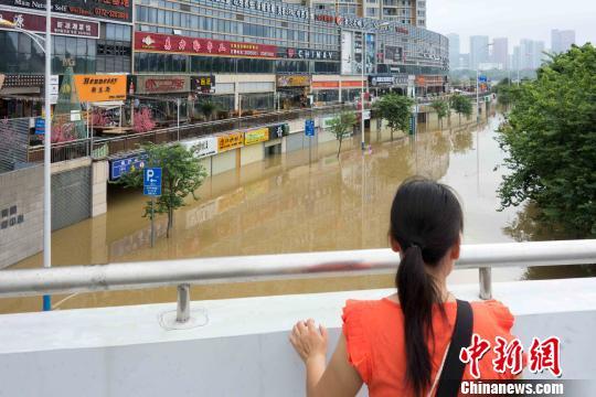 6月15上午9点，柳江河市区水位逼近警戒水位，滨江路上不少商铺商铺、汽车被水淹没。 黄威铭 摄